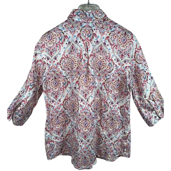 Chicos Linen 3/4 Sleeve No Iron Button Down Shirt Tunic Size 0 (4/6) S Paisley - Picture 2 of 5